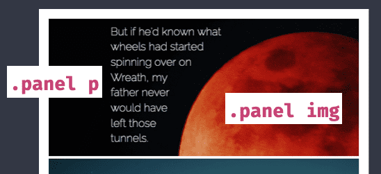 Panel 1 with paragraph and image with their css selectors labelled Panel 1 with paragraph and image with their css selectors labelled