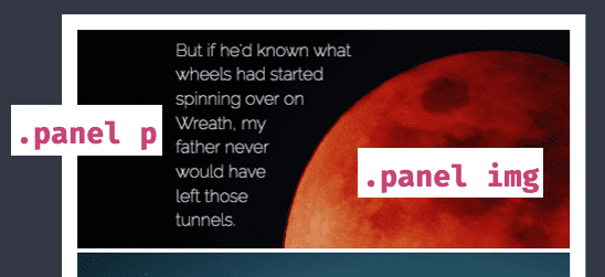Panel 1 with paragraph and image with their css selectors labelled