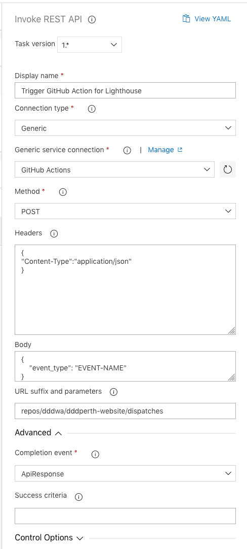 Invoke REST API interface showing DDDPerth's setup for calling GitHub dispatch event endpoint