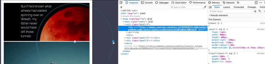 Firefox Developer Tools shape editor tool being used to edit the path