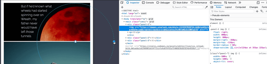 Firefox Developer Tools shape editor tool being used to edit the path Firefox Developer Tools shape editor tool being used to edit the path