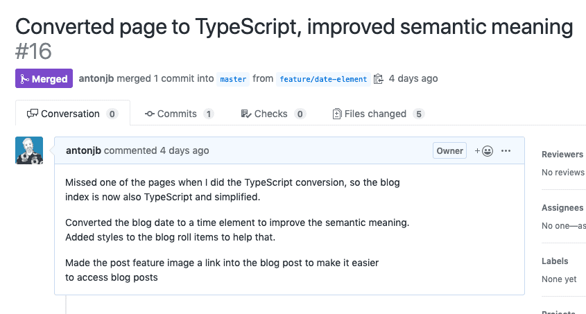 Figure 1. GitHub's interface automatically populated with the commit message